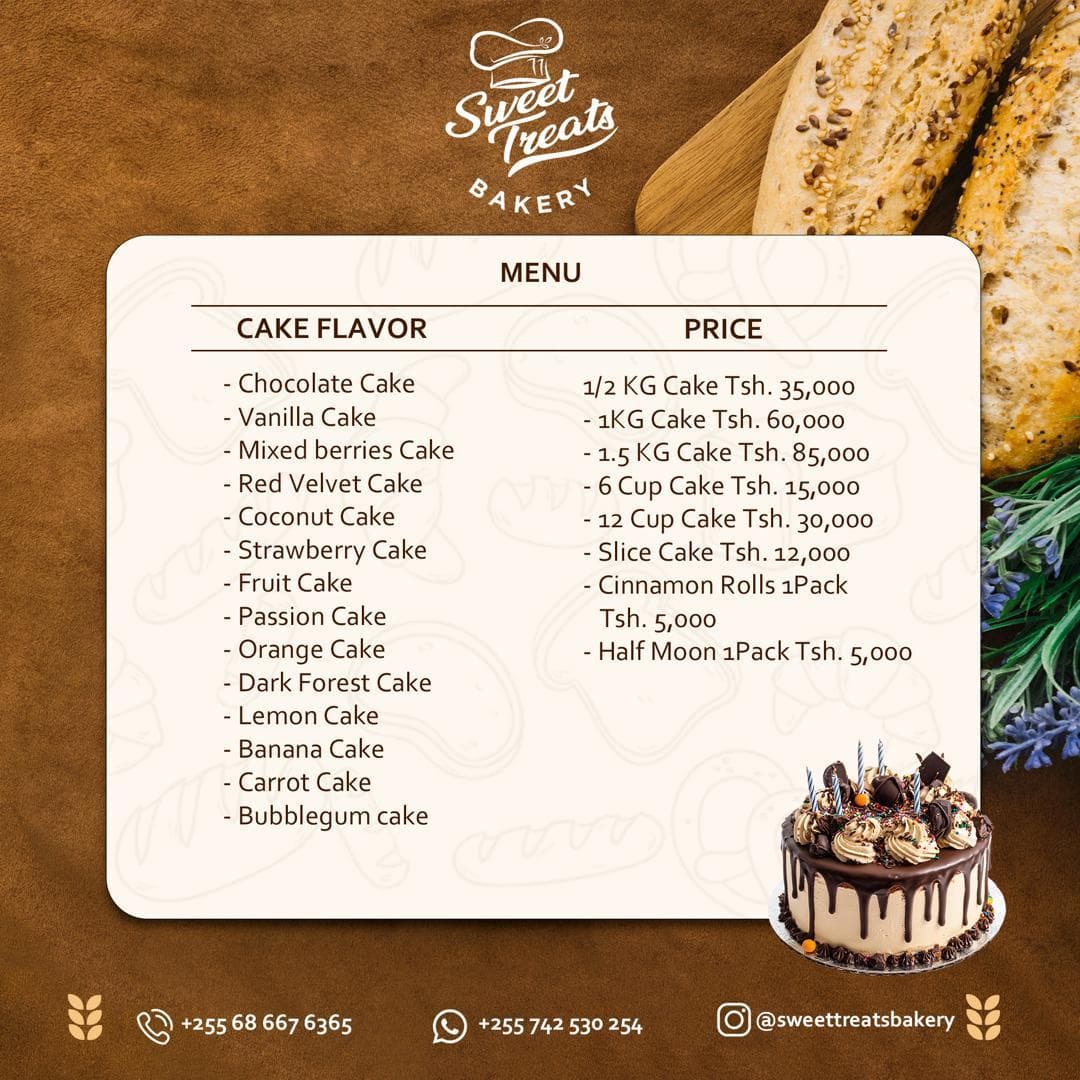 Sweet Treats Bakery menu — cake flavors and items