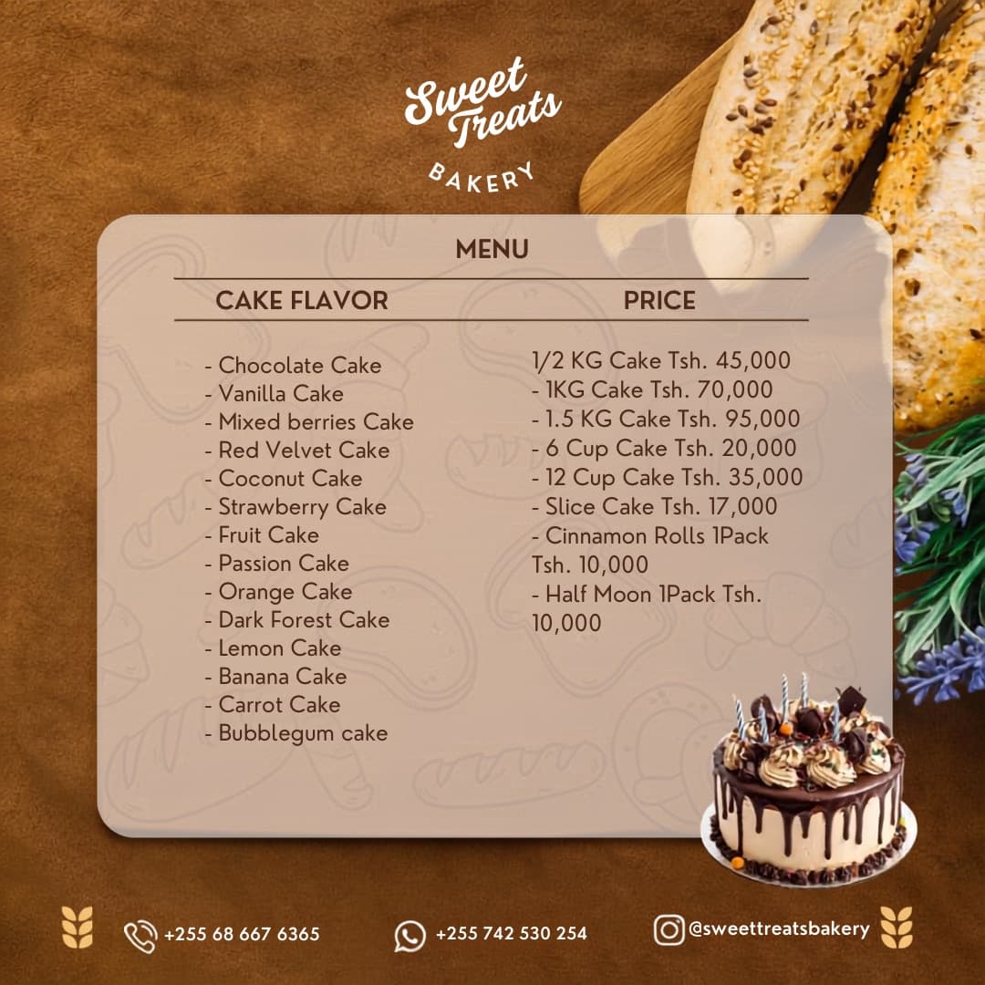 Sweet Treats Bakery menu — cake flavors and items